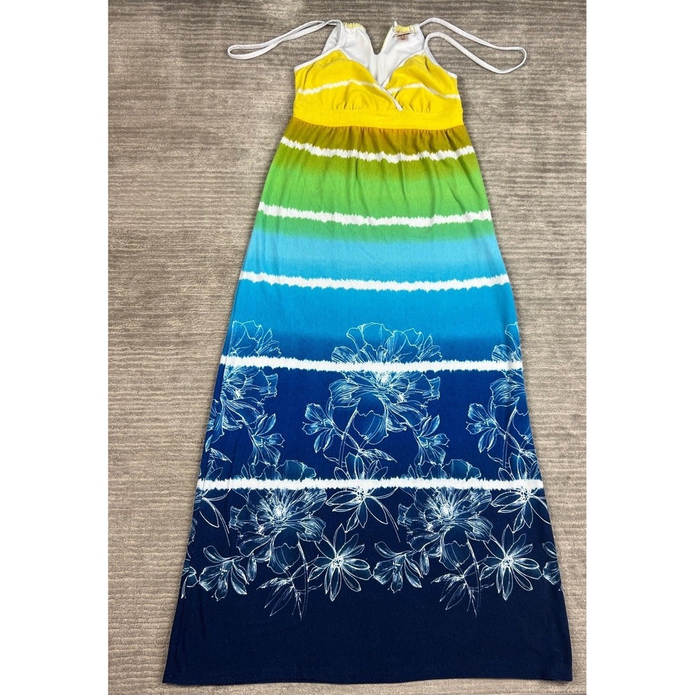 Mossimo Dress Womens S Blue Yellow Ombre Floral Maxi Halter V-Neck Summer Boho